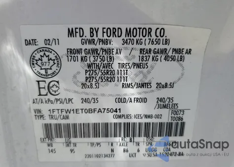 2011 Ford F150 Supercrew z USA, uszkodzony, nr VIN 1FTFW1ET0BFA75041